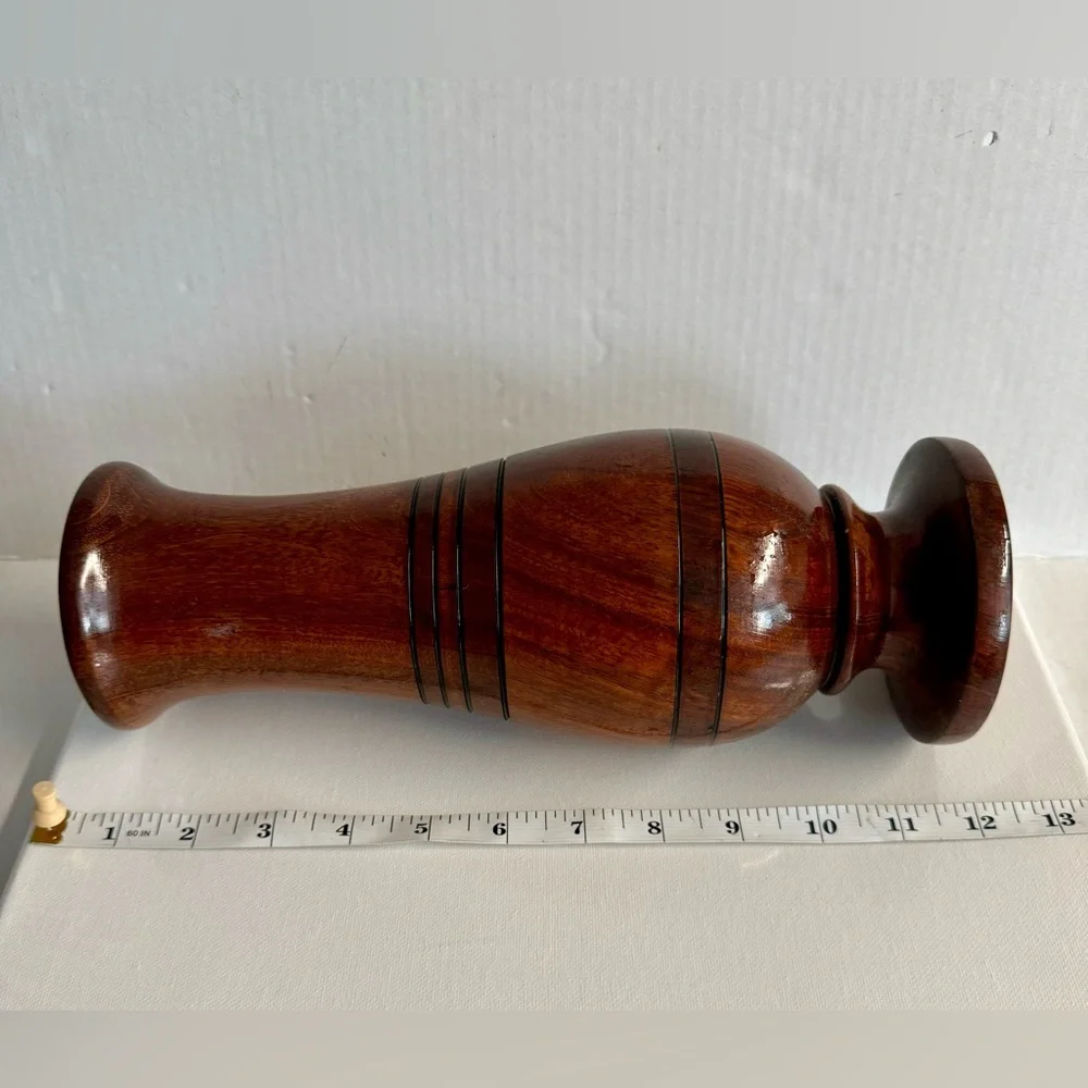 Vtg Hand turned brown Boho light and dark unique wood vase.